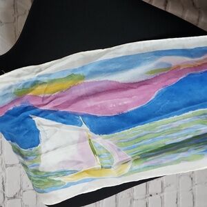 Colorful Sailboat Abstract Scarf, Signed 50 X 8